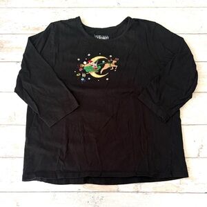 Women’s XL Black Christmas Shirt Santa Sleigh Embroidery 3/4 Sleeve 100% Cotton